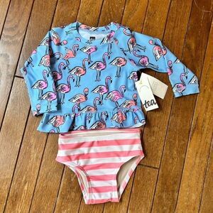 NWT Tea Collection 6 - 9 Month Two Piece Rashguard Swimsuit‎ 2 Piece Flamingo